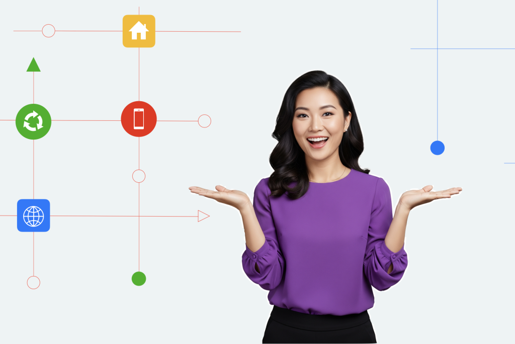 Business woman pointing to a grid denoting a Heterogeneous Intelligence Platform
