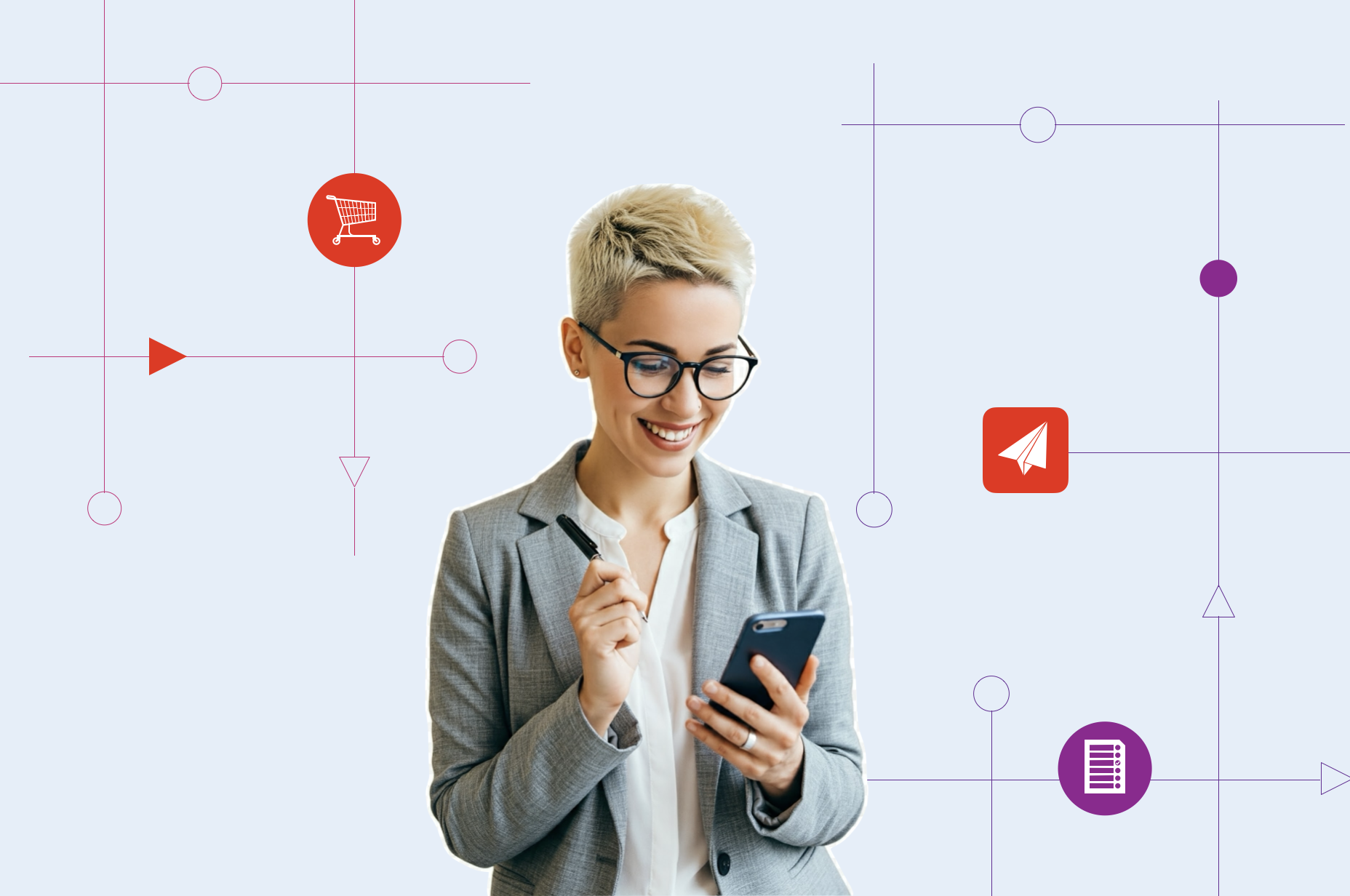 Business woman using her phone to prompt AI tool