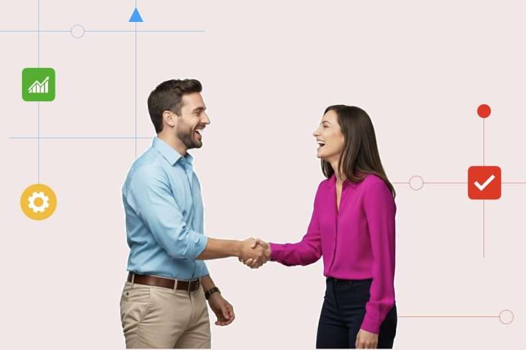 A man and woman shaking hands showing early lighthouse customer partnerships