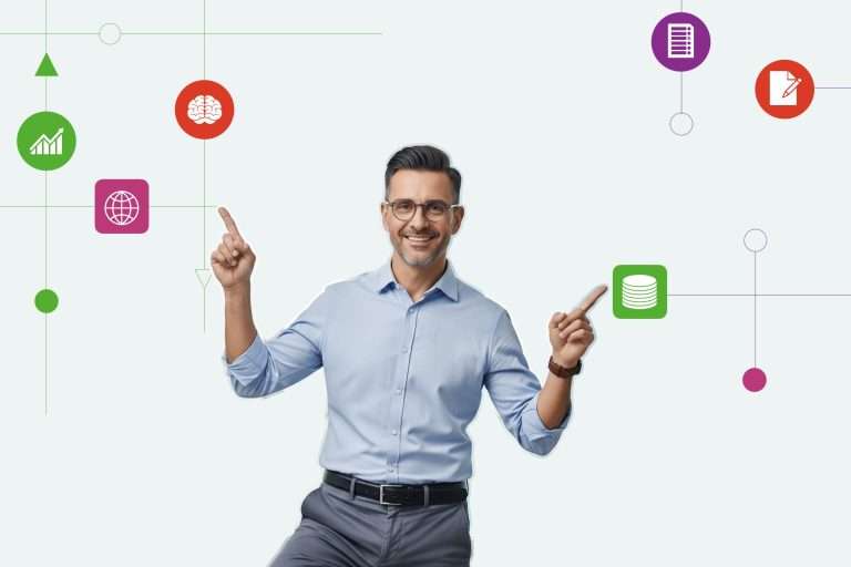 Man pointing in two directions to show endless context of enterprise information coming his way