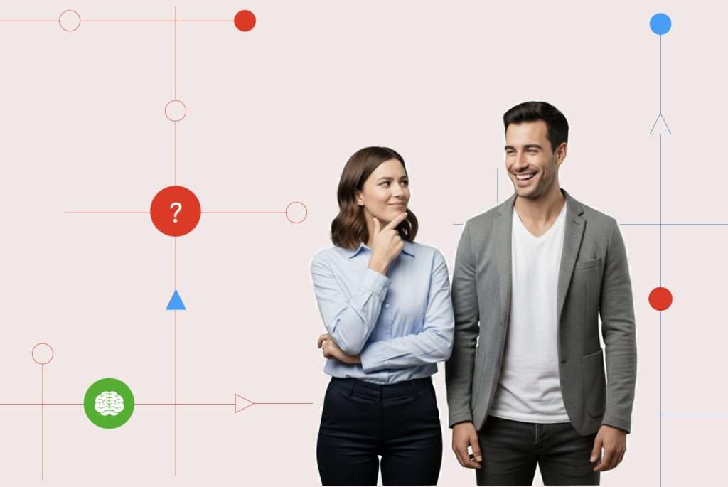 Corporate woman wondering about safe AI decisions while male co-worker is smiling 
