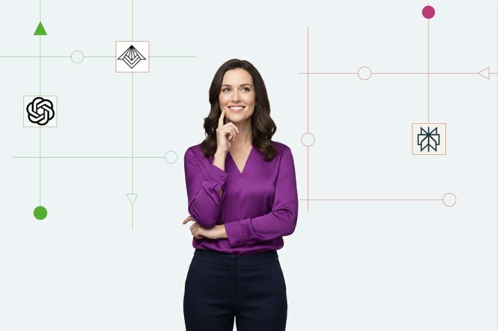 Corporate woman wondering about deep research AI tool
