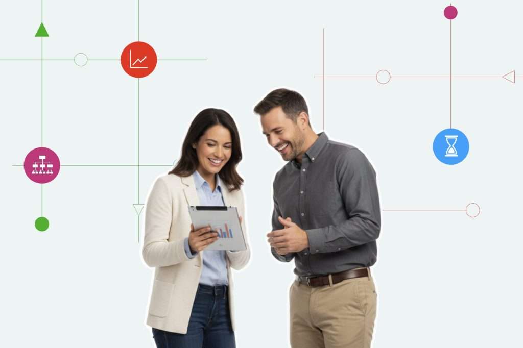 An employee showing a production ready system to customer 