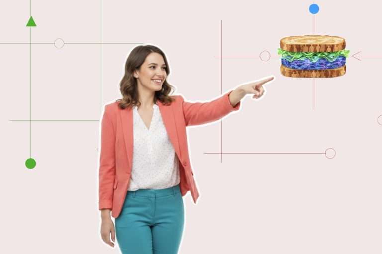 A corporate woman working in Enterprise pointing to the Human-AI sandwich