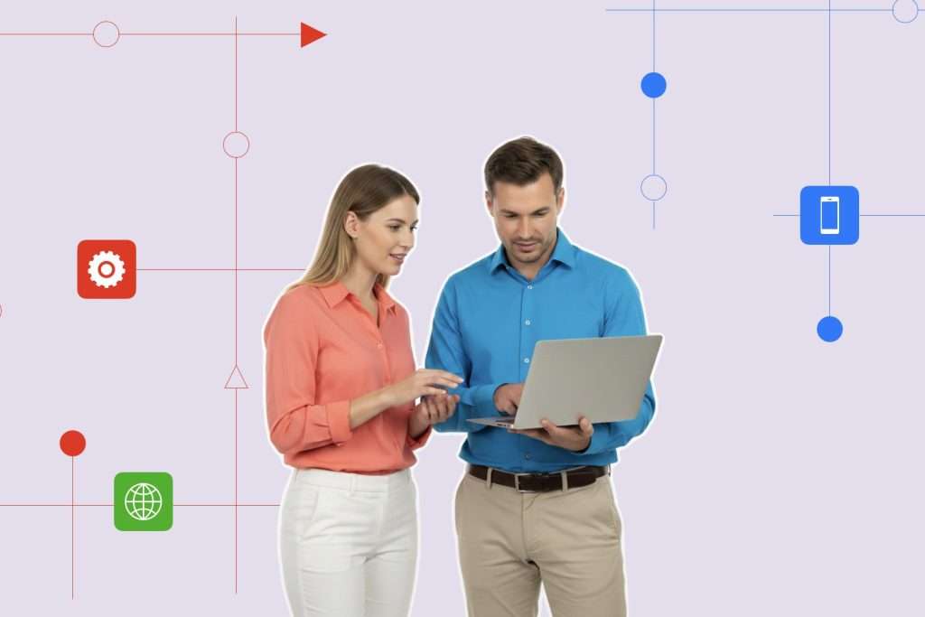 Two coworkers looking at information got by crowdsourcing knowledge using AI