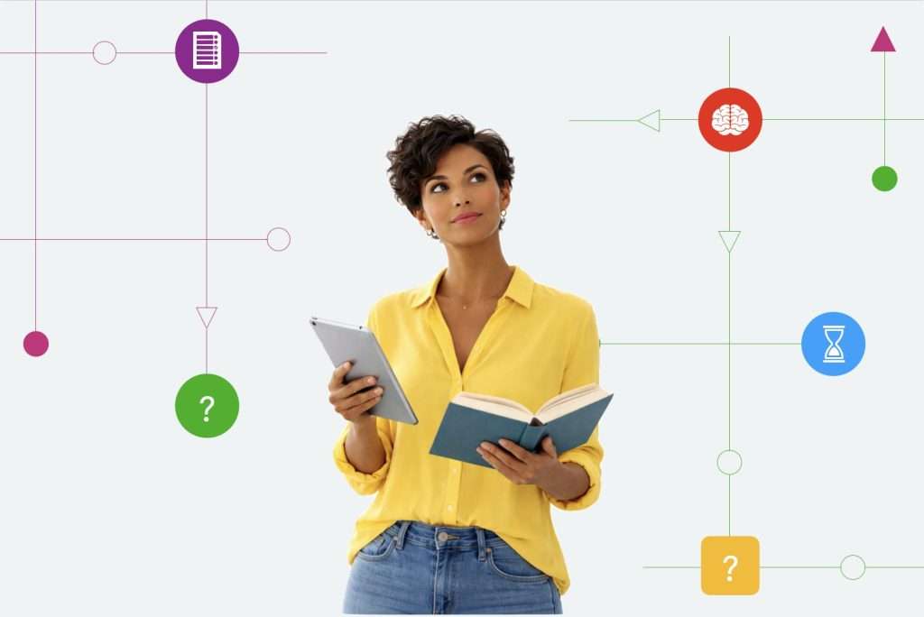 Woman holding a tablet and book wondering about infinite knowledge but finite attention