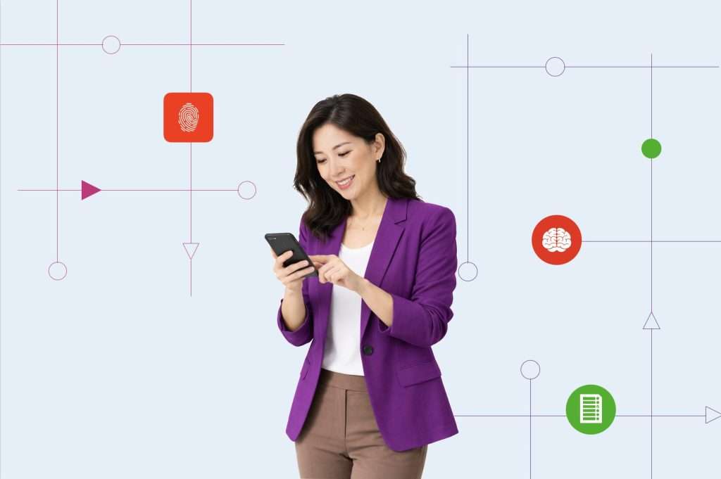 Prosumer looking at the functionality driven by AI foundation model on her phone