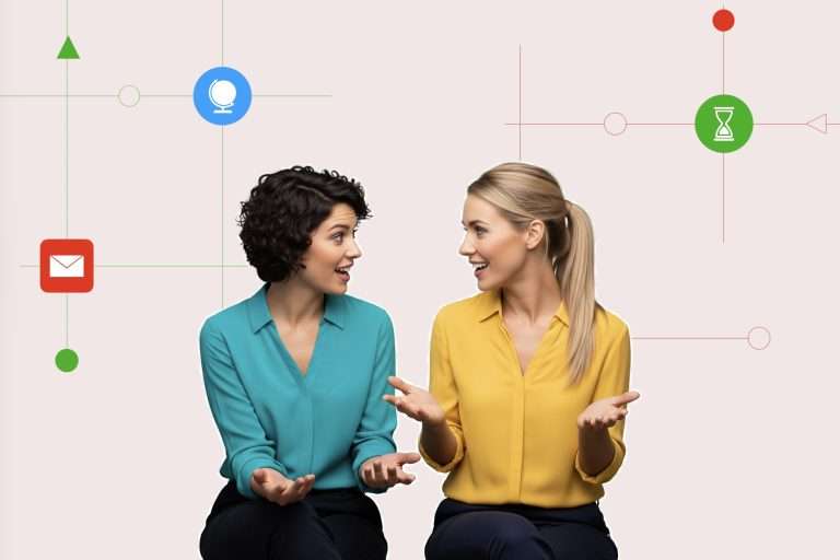 two women coworkers discussing benefits of collaboration with AI