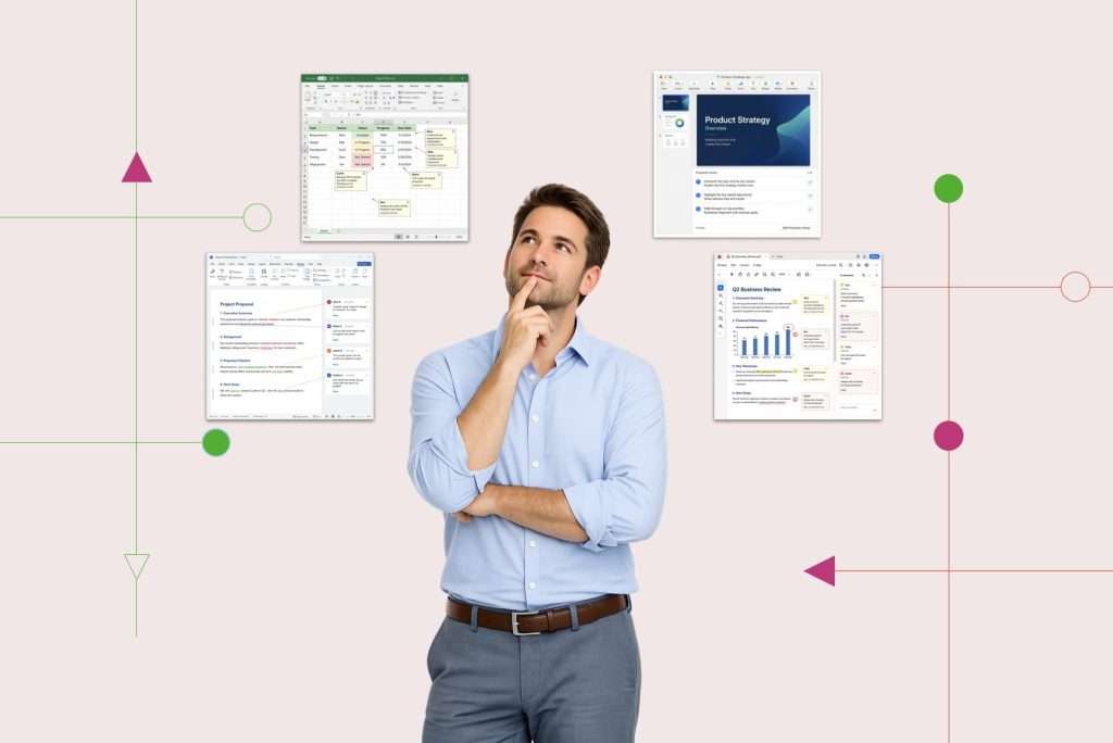 A corporate man thinking about hidden human knowledge such as comments in an excel file, presenter notes on a keynote slide