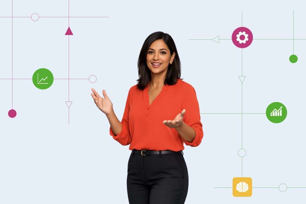 Corporate woman explaining AI model fungibility