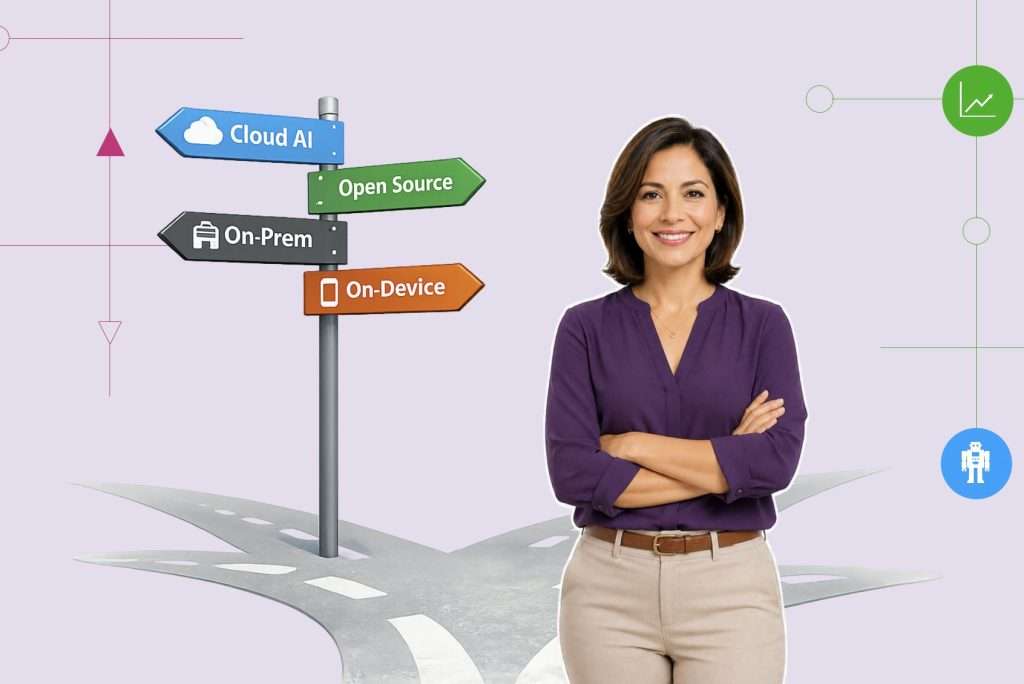Corporate woman standing at crossroads of AI vendor lock in showing four different paths 