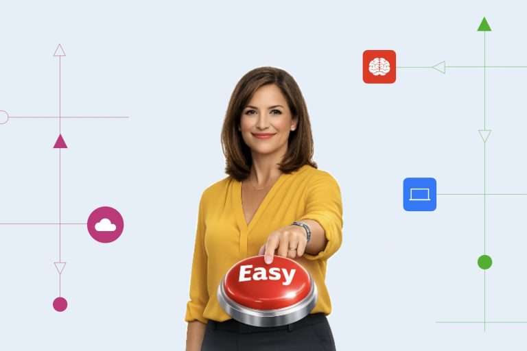 Corporate woman tapping on "Easy Button for AI"